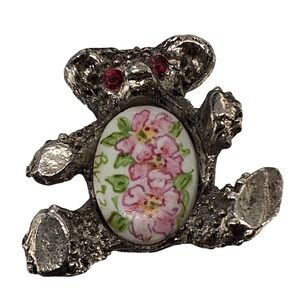 Vintage Silver Tone Teddy Bear Brooch - Porcelain Pink Rose Flower‎ Pin
